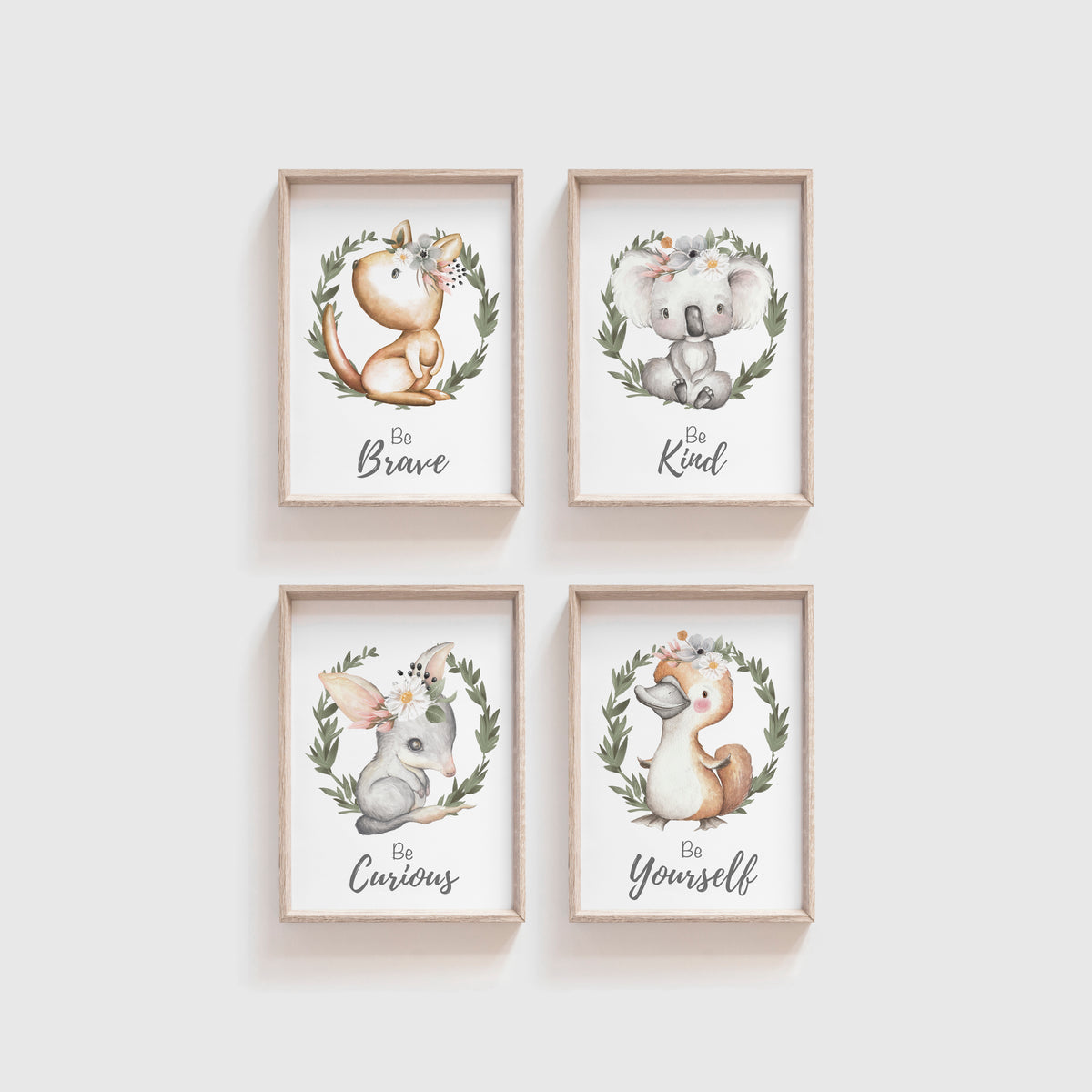 Australian Animal Wall Prints, Set of 4 Nursery Prints, Floral Kangaro