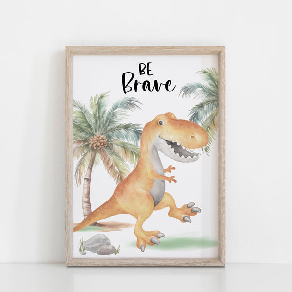 Dinosaur Wall Art Print, Be Brave Positive Affirmation Kids Bedroom Wall Art, Jurassic Nursery Theme