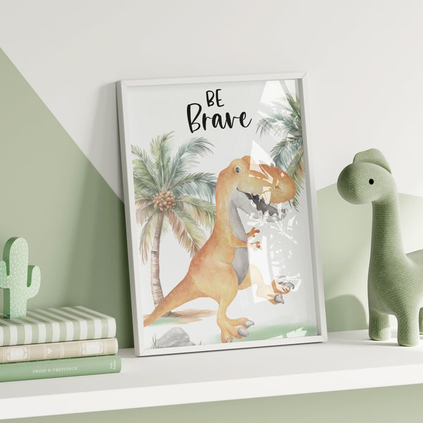 Dinosaur Wall Art Print, Be Brave Positive Affirmation Kids Bedroom Wall Art, Jurassic Nursery Theme