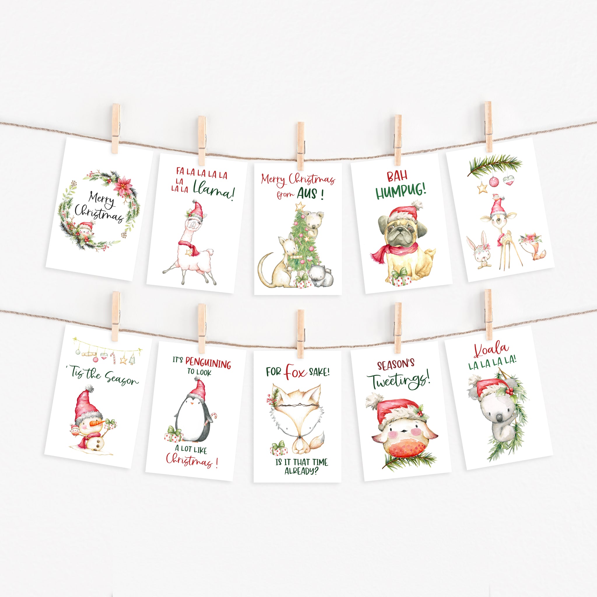 Cute + 'Punny' Australian and Woodland Animal Christmas Cards  I Assorted Pack of 10 with envelopes I  Blank Inside
