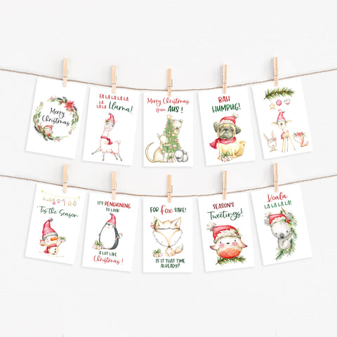 Cute + 'Punny' Australian and Woodland Animal Christmas Cards  I Assorted Pack of 10 with envelopes I  Blank Inside