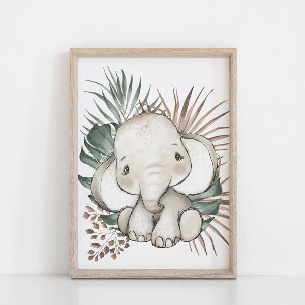 Baby Elephant Baby Animal Nursery Wall Art Decor, Greenery, Baby Nursery Wall Print, Jungle Safari Theme Nursery Print