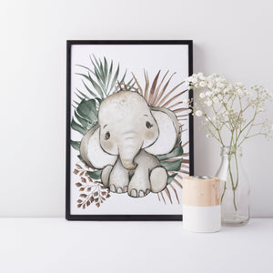 Baby Elephant Baby Animal Nursery Wall Art Decor, Greenery, Baby Nursery Wall Print, Jungle Safari Theme Nursery Print
