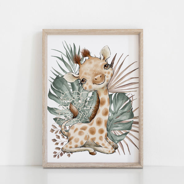 Baby Giraffe Animal Nursery Wall Art Decor, Greenery, Baby Nursery Wall Print, Jungle Safari Theme Nursery Print