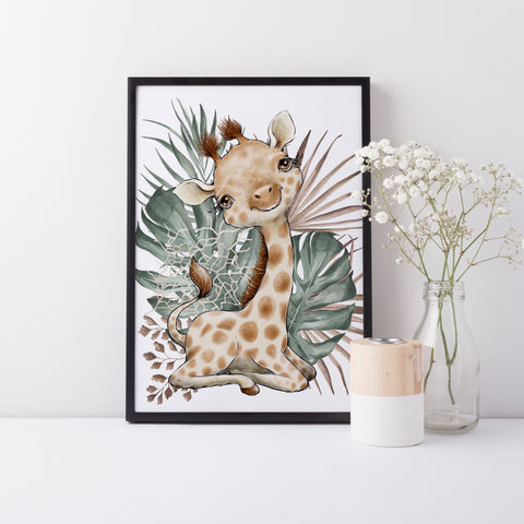 Baby Giraffe Animal Nursery Wall Art Decor, Greenery, Baby Nursery Wall Print, Jungle Safari Theme Nursery Print