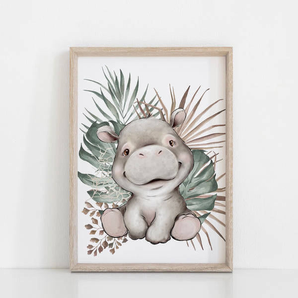 Baby Hippo Animal Nursery Wall Art Decor, Greenery, Baby Nursery Wall Print, Jungle Safari Theme Nursery Print