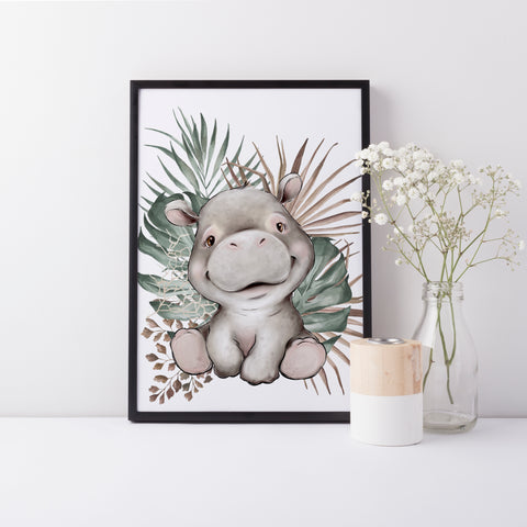 Baby Hippo Animal Nursery Wall Art Decor, Greenery, Baby Nursery Wall Print, Jungle Safari Theme Nursery Print