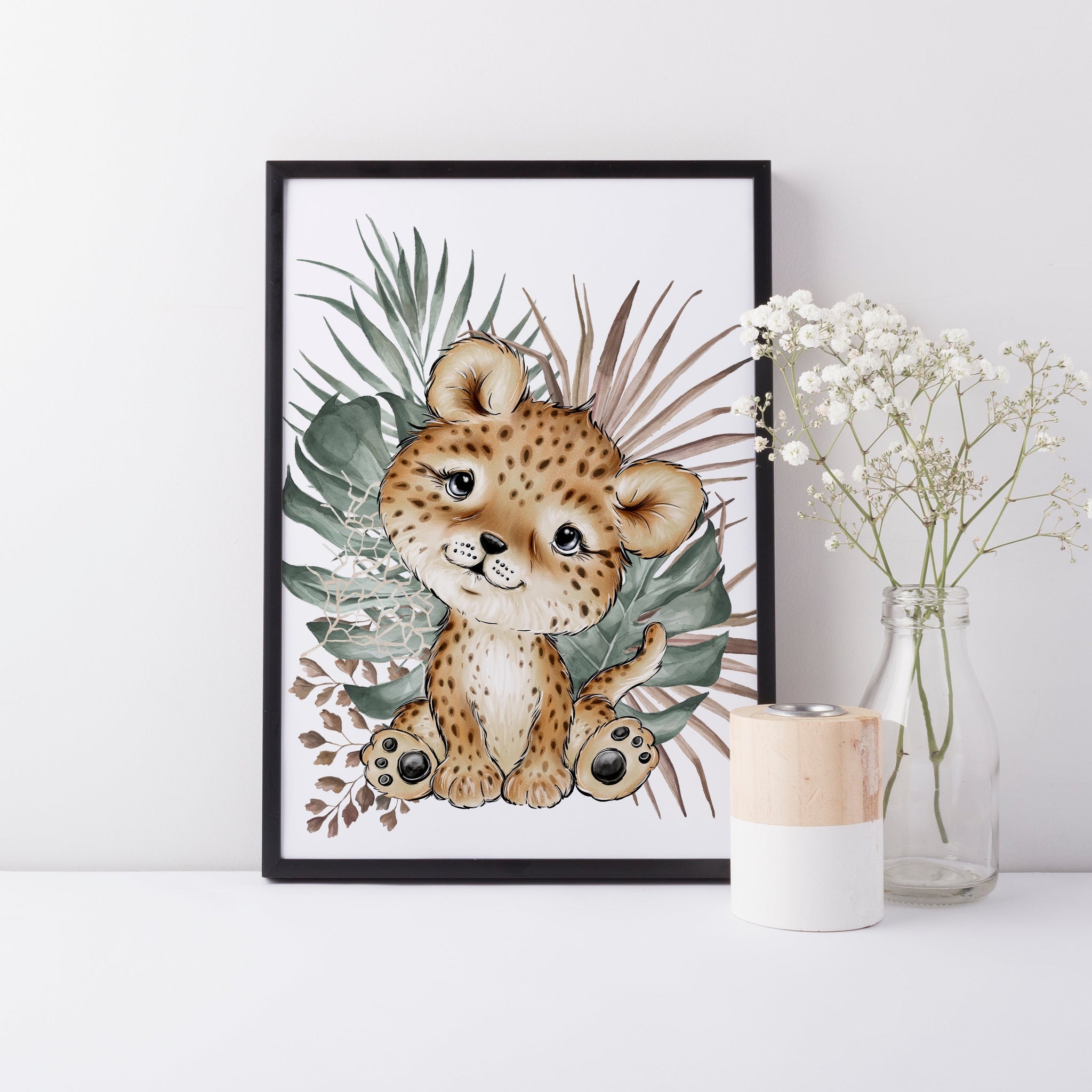 Baby Leopard Baby Animal Nursery Wall Art Decor, Greenery, Baby Nursery Wall Print, Jungle Safari Theme Nursery Print