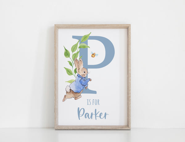 Custom Personalised Name Peter Rabbit Print Set, Blue Beatrix Potter Baby Nursery Decor Gender Neutral Wall Art, Set of 3, A3, A4 or A5