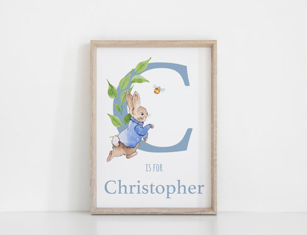 Custom Personalised Name Peter Rabbit Print Set, Blue Beatrix Potter Baby Nursery Decor Gender Neutral Wall Art, Set of 3, A3, A4 or A5