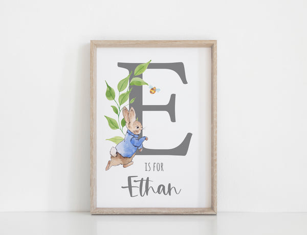 Custom Personalised Name Peter Rabbit Print Set, Blue Beatrix Potter Baby Nursery Decor Gender Neutral Wall Art, Set of 3, A3, A4 or A5