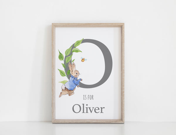 Custom Personalised Name Peter Rabbit Print Set, Blue Beatrix Potter Baby Nursery Decor Gender Neutral Wall Art, Set of 3, A3, A4 or A5