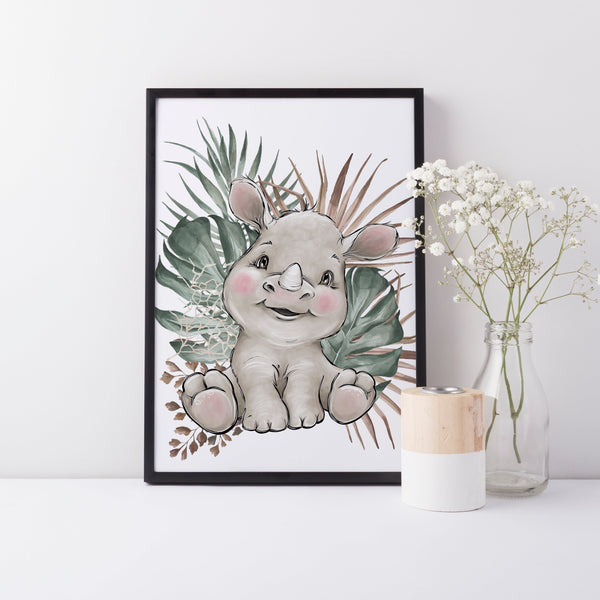 Baby Rhino Animal Nursery Wall Art Decor, Greenery, Baby Nursery Wall Print, Jungle Safari Theme Nursery Print