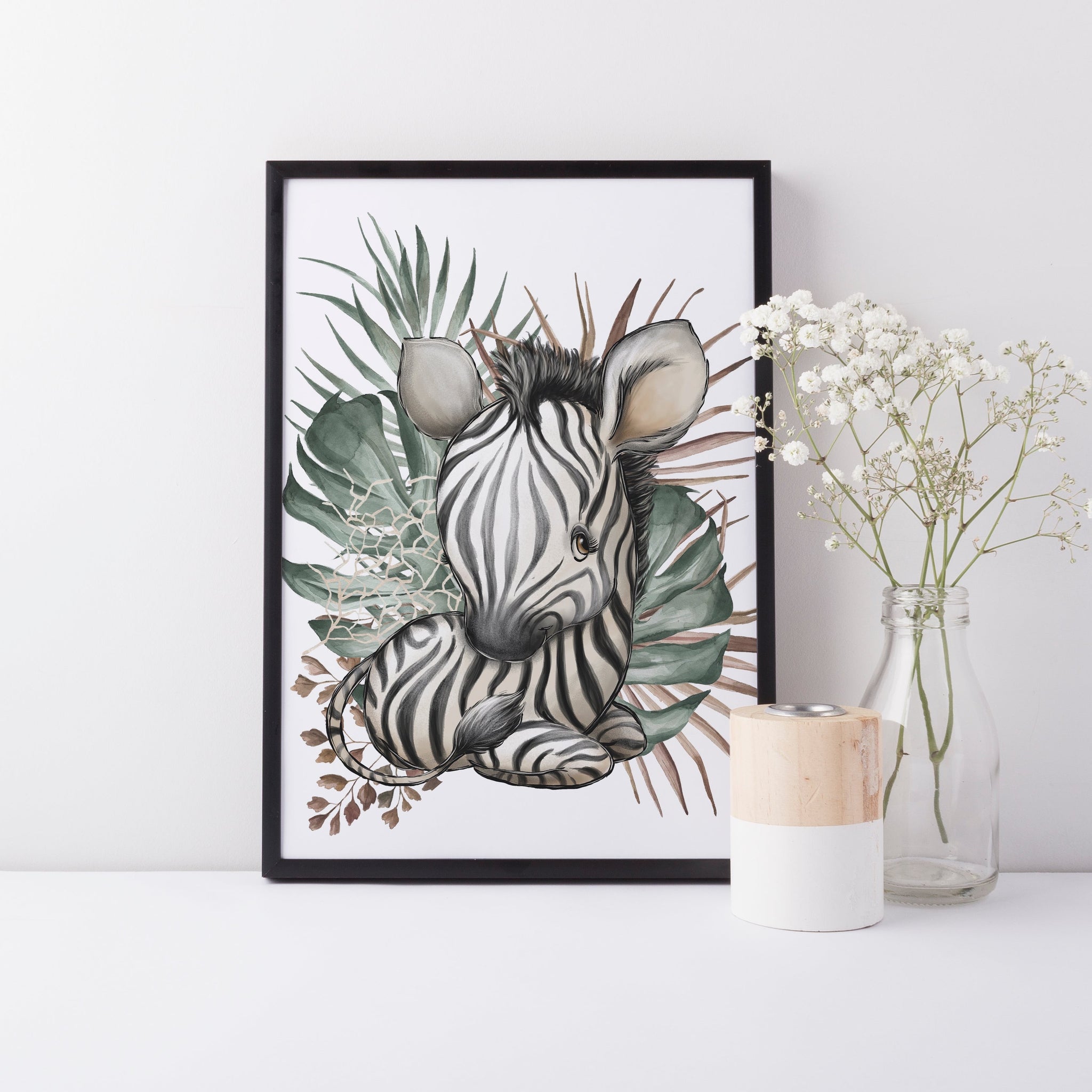 Baby Zebra Animal Nursery Wall Art Decor, Greenery, Baby Nursery Wall Print, Jungle Safari Theme Nursery Print