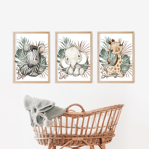 Baby Jungle Animal Trio Nursery Wall Art Decor, Greenery, Baby Nursery Wall Print, Jungle Safari Theme Nursery Print