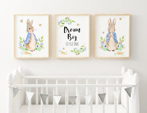 Peter Rabbit Print Set, Dream Big Little One Quote, Blue Beatrix Potter Baby Nursery Decor Gender Neutral Wall Art, Set of 3, A3, A4 or A5