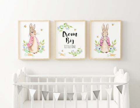 Pink Peter Rabbit Print Set, Dream Big Little One Quote, Pink Beatrix Potter Baby Nursery Decor Wall Art, Set of 3, A3, A4 or A5