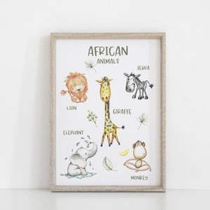 African Animal Wall Print, Educational Kids Bedroom Wall Art, Animal Theme, Nursery Kids Bedroom Decor, Lion, Giraffe, Zebra, Monkey, Elephant