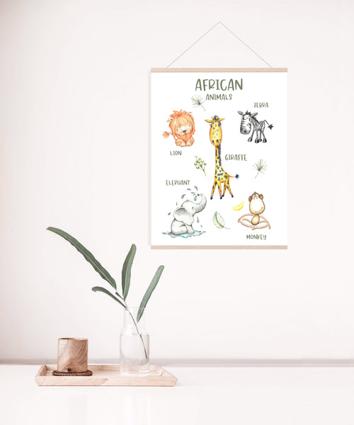 African Animal Wall Print, Educational Kids Bedroom Wall Art, Animal Theme, Nursery Kids Bedroom Decor, Lion, Giraffe, Zebra, Monkey, Elephant