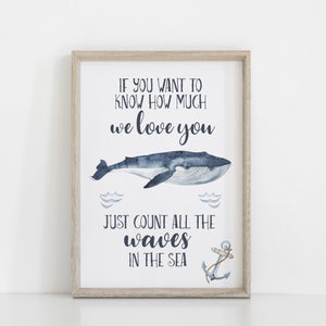 Whale Wall Print, If You Want to Know How Much We Love You, Ocean Theme Nursery, Kids Bedroom Wall Art