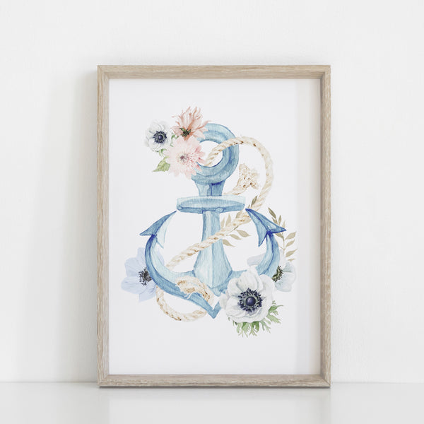 Nautical Floral Anchor Girls Bedroom Print, Under the Sea Wall Decor, Baby Girl Nursery Print