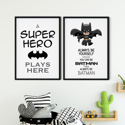 Playroom Print Duo, Always be Batman & A Superhero Plays Here, Kids Bedroom Batman Wall Art Decor, Comic Character, Superhero Wall Art Print