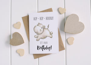 Cute & Funny Hippo Greeting Card / Birthday Card / Animal Pun / C6 Blank Inside / Hip Hip Hooray