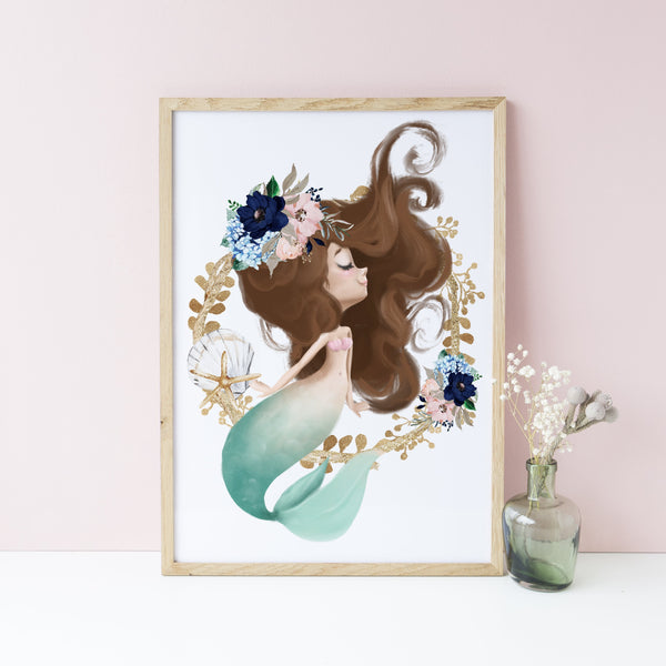 Mermaid Nursery Wall Print, Soft Pastel Brunette Mermaid Girls Bedroom Print, Wall Decor, Baby Girl Nursery Print