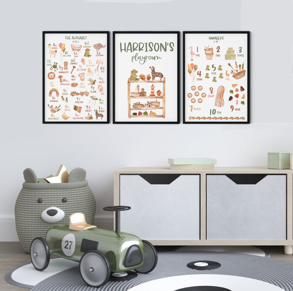 Custom Playroom Wall Print Educational Print Set Trio, Neutral Toy Room Theme, Nursery Art, Kids Bedroom Decor