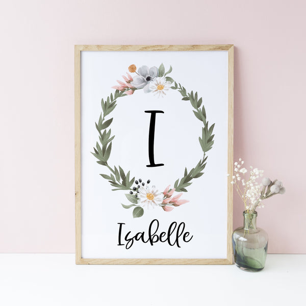 Soft Floral and Greenery Personalised Wall Print, Girls Bedroom Decor, Custom Name Print, Baby Girl Nursery Print