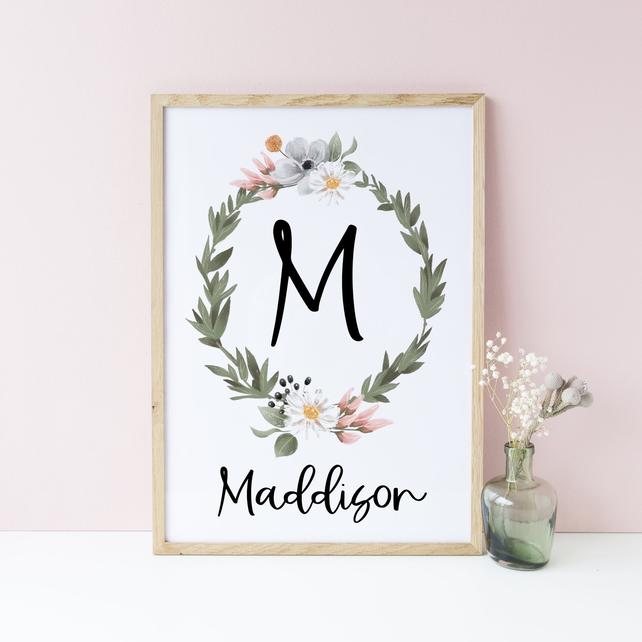 Soft Floral and Greenery Personalised Wall Print, Girls Bedroom Decor, Custom Name Print, Baby Girl Nursery Print