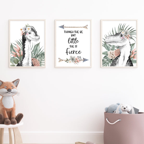 Floral Dinosaur Wall Art Prints, Set of 3, Brachiosaurus, Tyrannosaurus Rex, Girls bedroom decor, Jurassic Theme