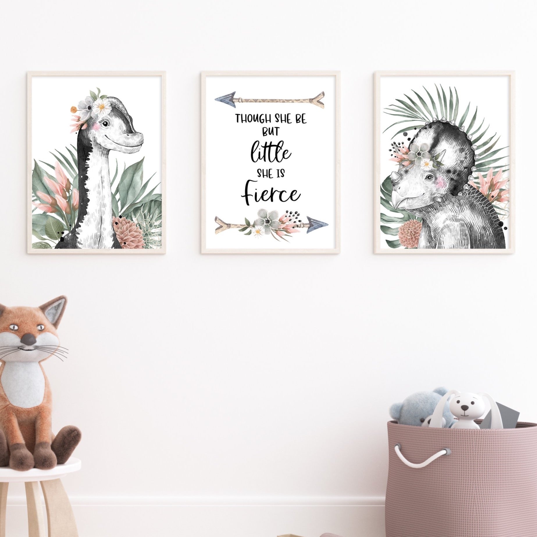 Floral Dinosaur Wall Art Prints, Set of 3, Brachiosaurus, Triceratops, Girls bedroom decor, Jurassic Theme