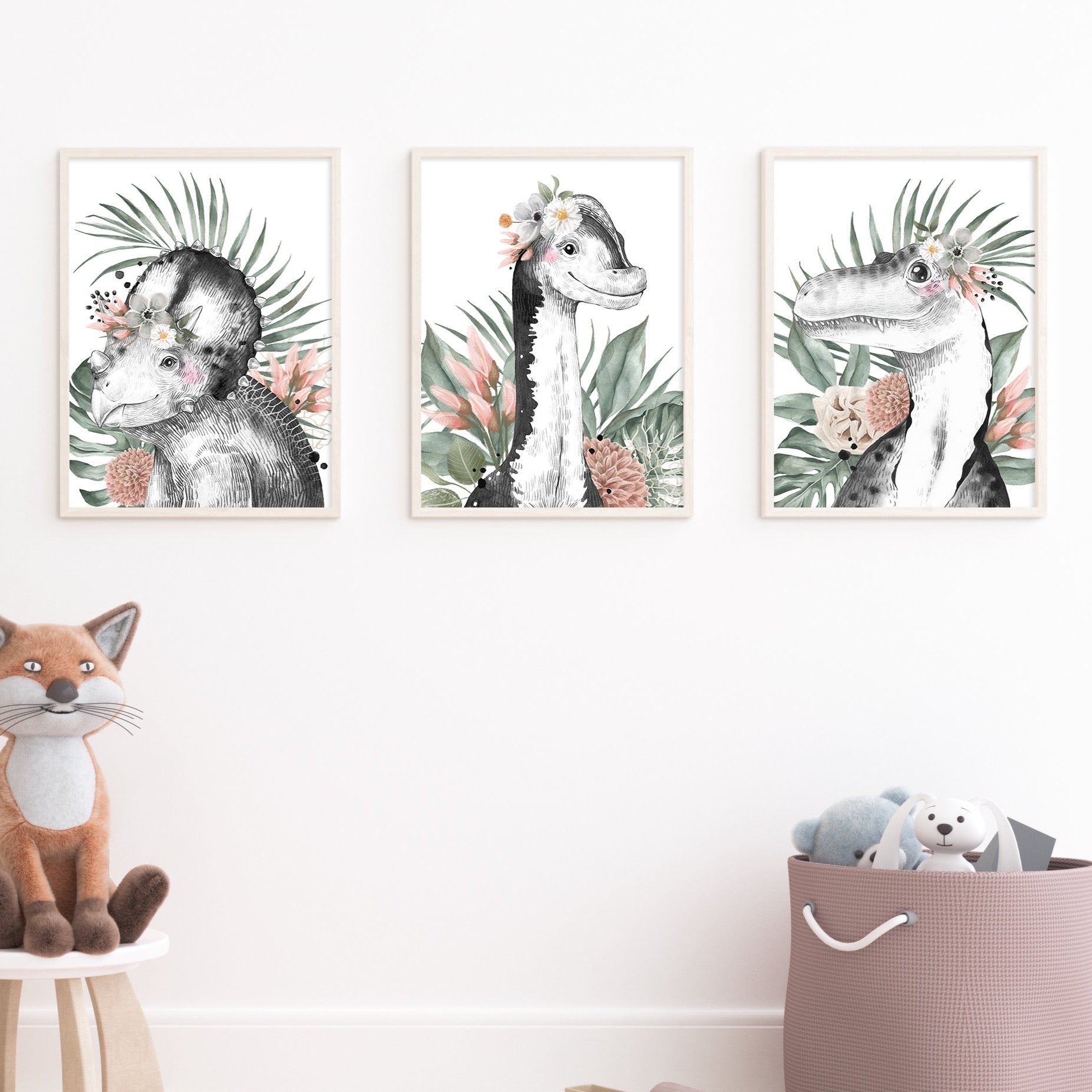 Floral Dinosaur Wall Art Prints, Set of 3, Brachiosaurus, Triceratops, Tyrannosaurus Rex, Girls bedroom decor, Jurassic Theme