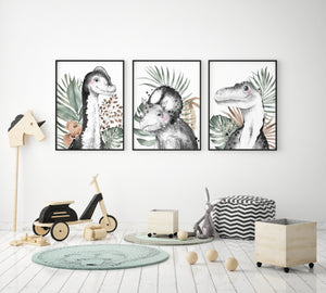 Dinosaur Wall Art Prints, Set of 3, Brachiosaurus, Triceratops, Tyrannosaurus Rex, Boys bedroom decor, Jurassic Theme