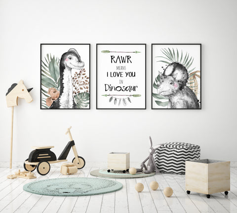 Dinosaur Wall Art Prints, Set of 3, Rawr Means I love you in Dinosaur, Boys bedroom decor, Brachiosaurus and Triceratops