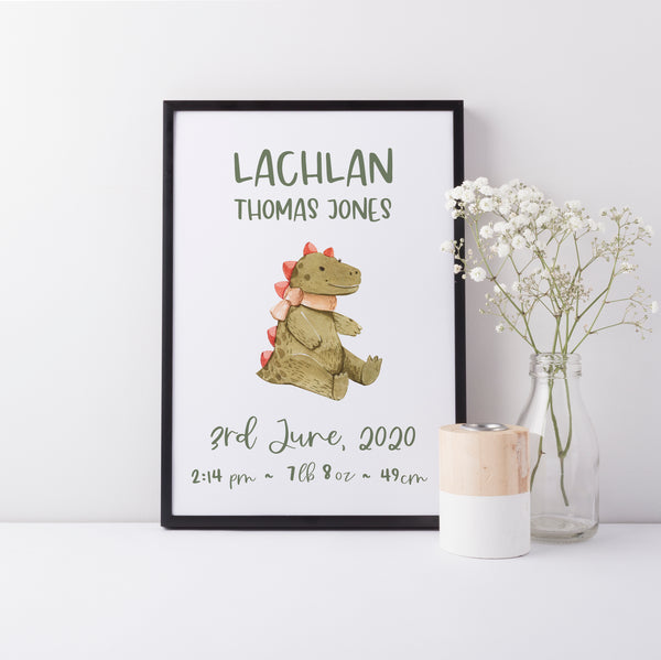 Personalised Name and Birth Print, Dinosaur Neutral Bedroom Wall Art, Toy Room Theme, Nursery Art