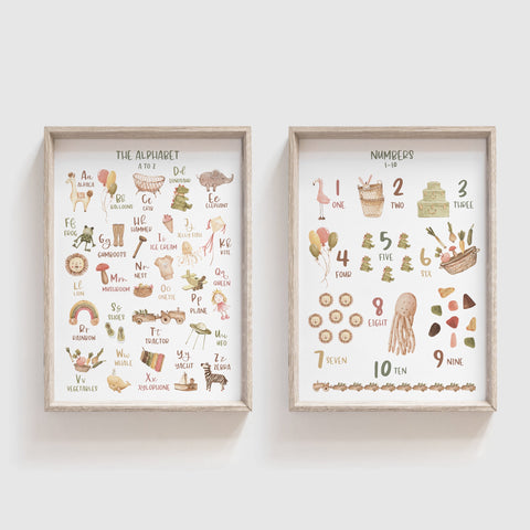 Alphabet and Numbers Educational Wall Print Set, Neutral Toy room Theme, Nursery Art, Kids Bedroom Decor