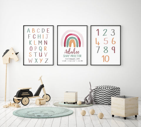 Set of 3 Rainbow Personalised Print Set, Earth Rainbow Nursery Wall Art, Alphabet Numbers Learning Prints