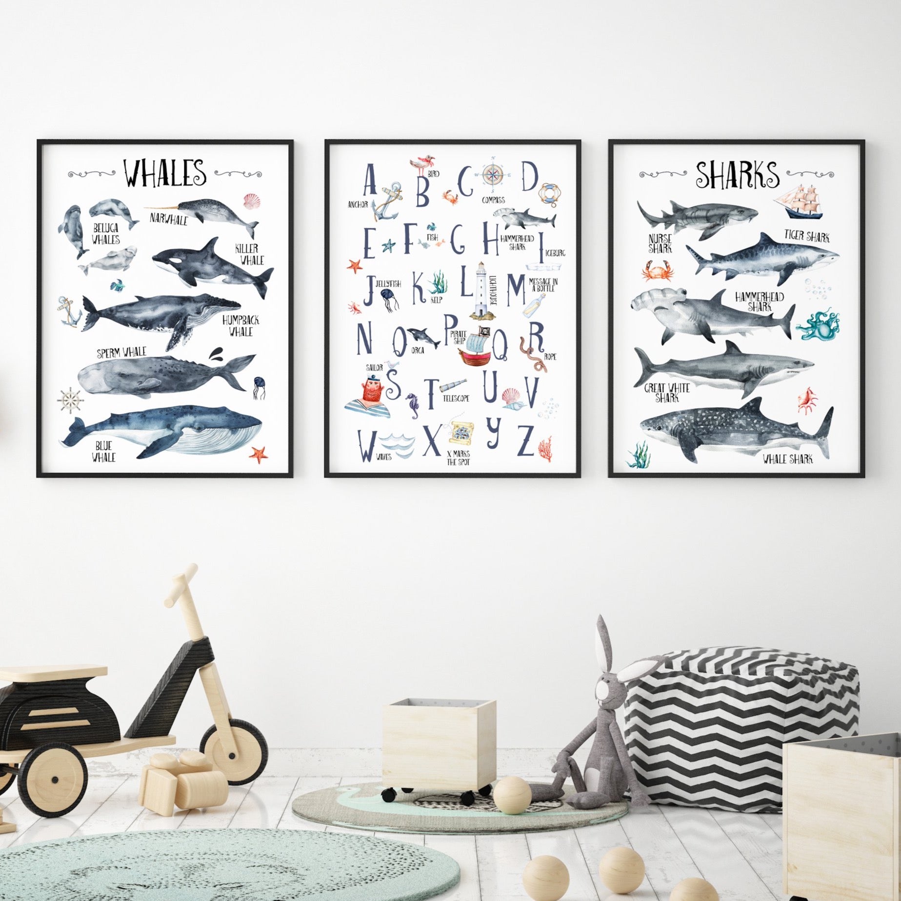 Educational Ocean Wall Print Set of 3, Whales & Sharks Nautical Alphabet Kids Bedroom Wall Art, Nautical Theme, Oceanic Nursery Kids Bedroom Decor