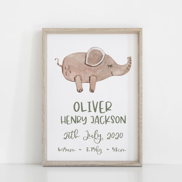 Personalised Name and Birth Print, Elephant Neutral Bedroom Wall Art, Toy Room Theme, Nursery Art