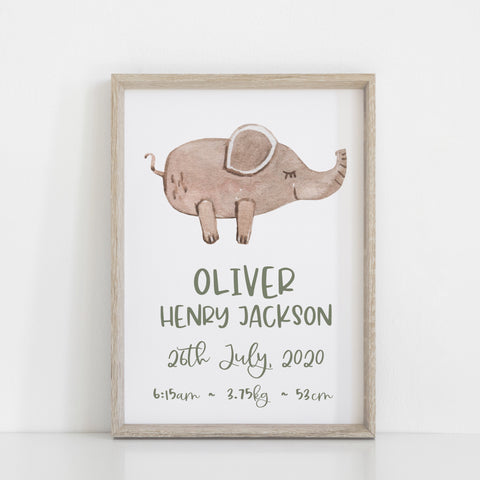 Personalised Name and Birth Print, Elephant Neutral Bedroom Wall Art, Toy Room Theme, Nursery Art