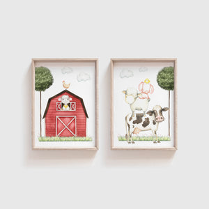 Farm Yard Nursery Print Set of 2, Barn and Lamb, Stacked Farm Animal Cow, Sheep, Pig, Chicken Farm Animal Wall Art Baby Nursery Decor