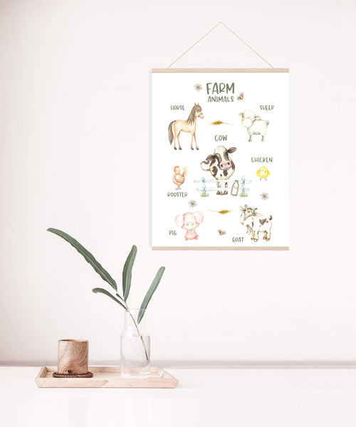 Farm Animal Wall Print, Educational Kids Bedroom Wall Art, Animal Theme, Nursery Kids Bedroom Decor, Horse, Pig, Cow, Sheep, Rooster, Chicken, Goat