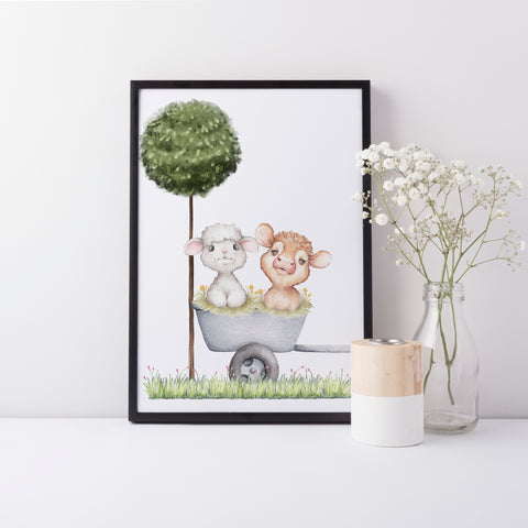 Farm Yard Wagon with Calf and Lamb Wall Print, Farm Animal Wall Art Baby Nursery Decoration