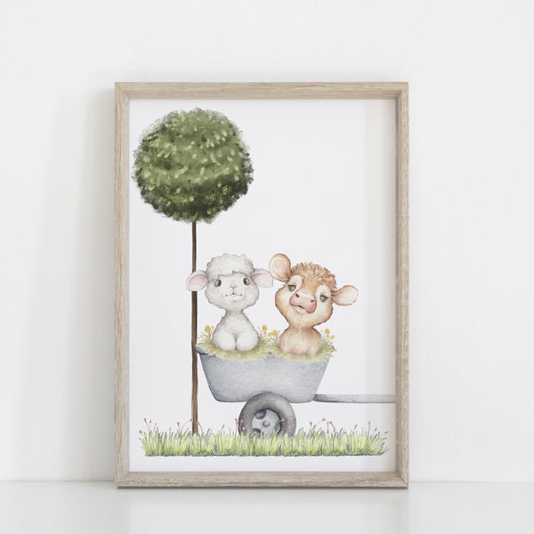 Farm Yard Wagon with Calf and Lamb Wall Print, Farm Animal Wall Art Baby Nursery Decoration