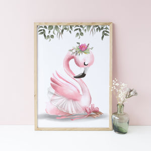 Ballerina Famingo Girls Bedroom Print, Wall Decor, Baby Girl Nursery Print, Ballet Theme Wall Print, Greenery Border