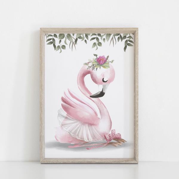 Ballerina Famingo Girls Bedroom Print, Wall Decor, Baby Girl Nursery Print, Ballet Theme Wall Print, Greenery Border