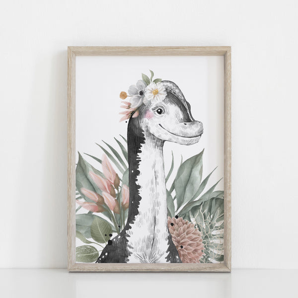 Floral Dinosaur Wall Art Print, Brachiosaurus Girls Bedroom Wall Art, Jurassic Theme Nursery Kids Bedroom Decor