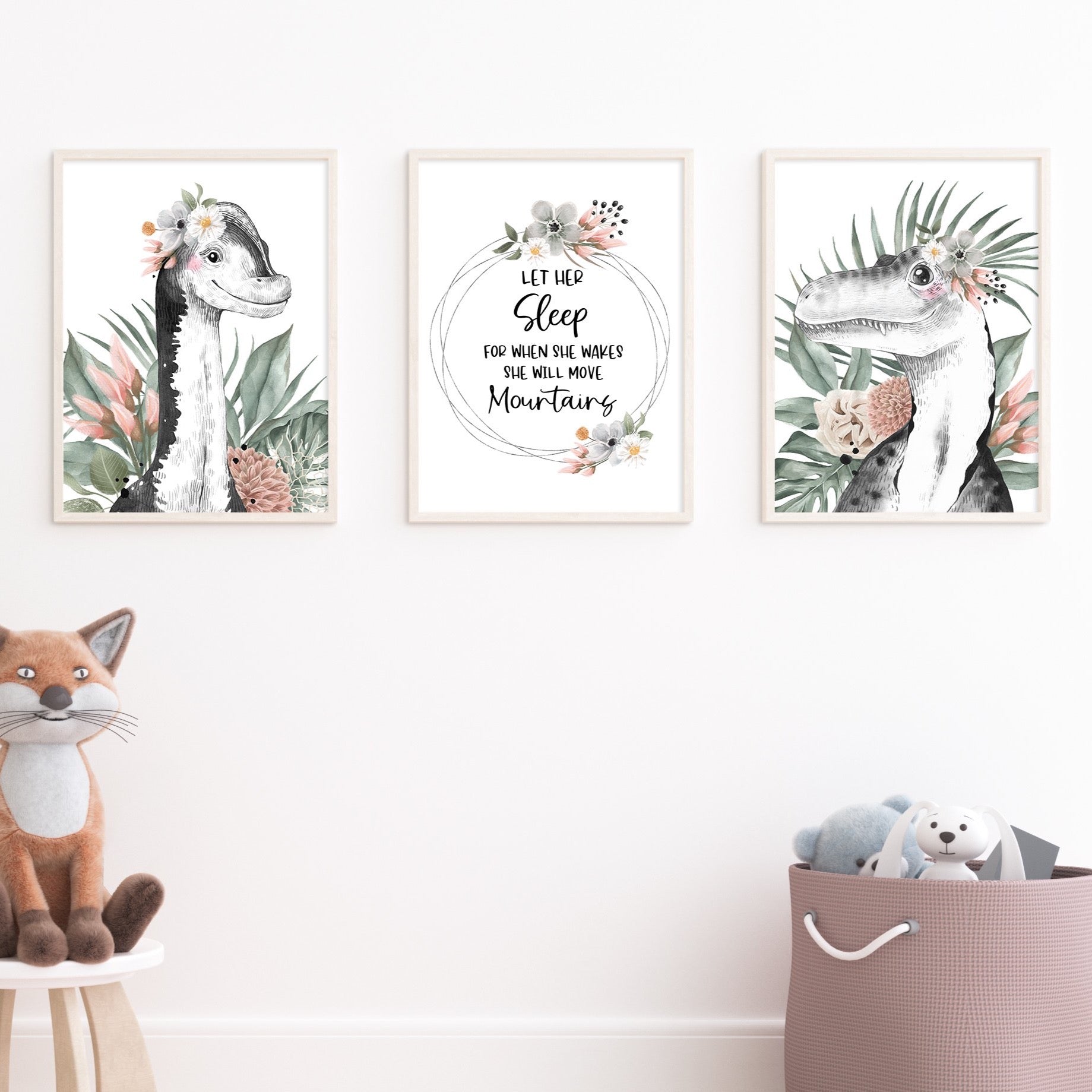 Floral Dinosaur Wall Art Prints, Set of 3, Brachiosaurus, Tyrannosaurus Rex, Girls bedroom decor, Jurassic Theme